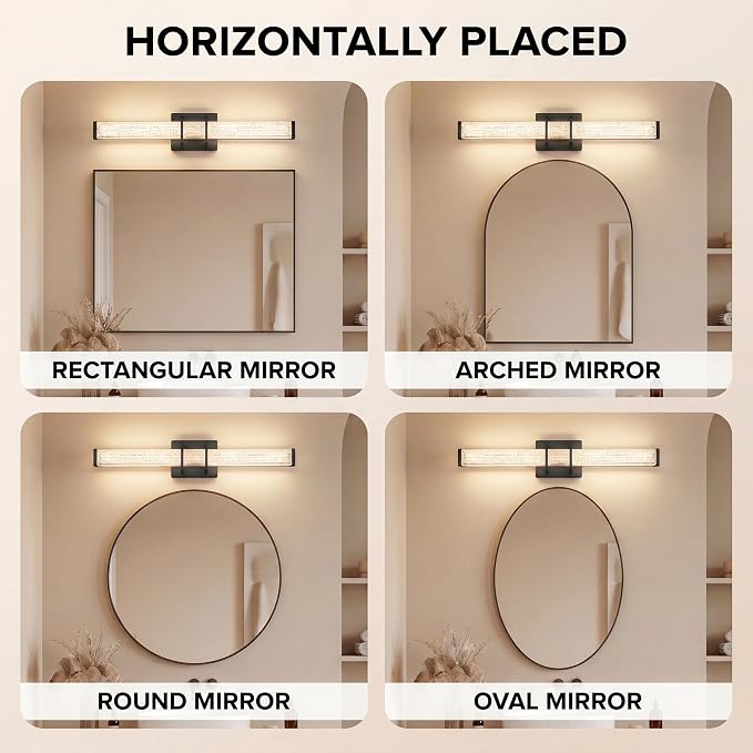 URSOLA 24" Modern LED Bathroom Light Fixtures, Matte Black 3CCT Dimmable Bathroom Vanity Light Over Mirror, Bathroom Vanity Bath Bar Lights with Crystal Acrylic Shade