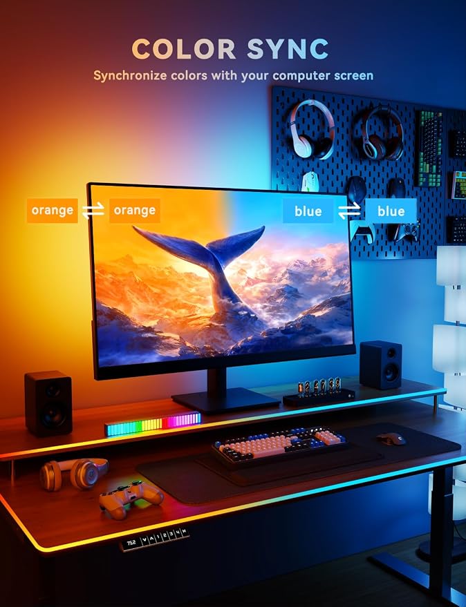 Soleil X6 LED Monitor Backlight for PC & Mac, Strip Light Sync to 24″-34″ Screens, Ambient Lighting for Games/Movies/Music, Dual USB Ports, Software Control (4-Sides for 34″ Monitors)
