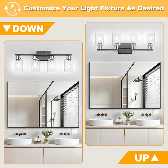 Modern Bathroom Light Fixtures, 4 Light Vanity Lights Over Mirror, Black and Brushed Nickel Wall Lamp with Clear Glass for Living Room Cabinet Bedroom Porch