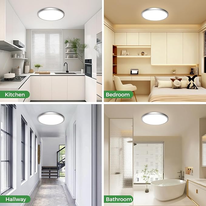 zemty 15" LED Flush Mount Ceiling Light, 30W Dimmable, 5CCT (3000K–6500K) Brushed Nickel Round Fixture | Bright Low-Profile Lighting for Kitchen, Hallway, Bathroom, Living Room -1Pack