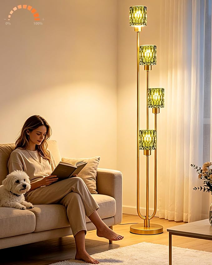 Vintage 4-Light Green Glass Floor Lamp, Dimmable Gold Standing Tall Lamp for Reading, Mid Century Modern Floor Lamp for Living Room Bedroom Home Office Corner Decor, Bulb Included