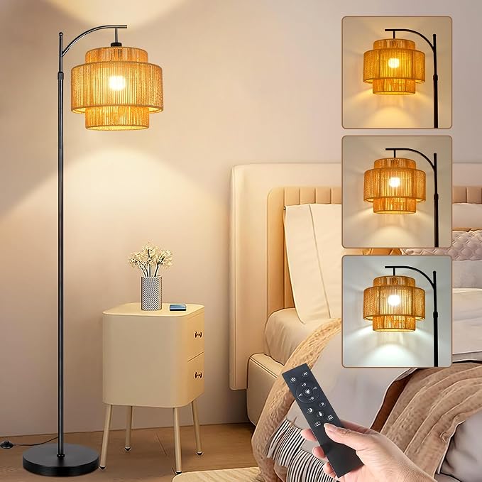 ILLMTW Rattan Floor Lamp for Living Room Bedroom Boho Arc Standing Lamp with Remote Dimmable Black Farmhouse Wicker Bamboo Lamp Shade Floor Light Tall Lamp Industrial Floor Lamps Bohemian Decor