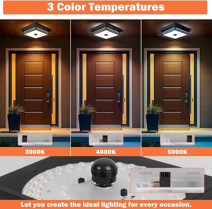 13" Motion Sensor Outdoor Ceiling Light Large Flush Mount Lighting 2 Pack | Modern Outdoor Ceiling Lights for Porch, Adjustable Color, Exterior Waterproof Ceiling Light Dusk till Dawn, Anti-Rust