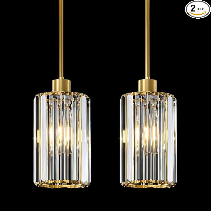 5.1" Mini Modern Gold Crystal Kitchen Island Pendant Lights 2 Pack | Small Crystal Glass Shade, Sparkling Crystal Reflection, Customizable Hanging Height,Fits Most Ceilings, Modern Brushed Brass