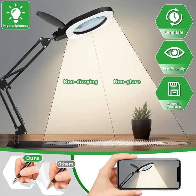15X Real Glass Magnifying Lamp, 3-in-1 LED Desk Lamp with Base Clamp & Floor Stand, 5 Color Modes Stepless Dimmable, Adjustable Swing Arm, for Repair, Reading,Crafts,Painting