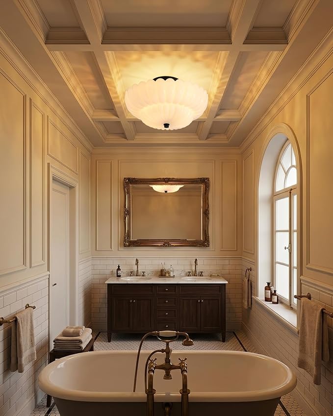 Semi Flush Mount Ceiling Light Fixture 14" Vinatge Black Ceiling Lights Mid Century Modern Milk White Glass Close to Ceiling Lighting Fixtures for Bedroom Hallway Kitchen Laundry Room Bathroom