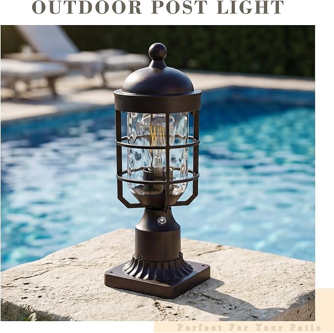 Emliviar Set of Two 14.4" Pillar Lights Outdoor, Dusk to Dawn Farmhouse Oil Rubbed Bronze Outdoor Post Lamp with Water Ripple Glass Shade, GE255P-L-PC-2 ORB-WG