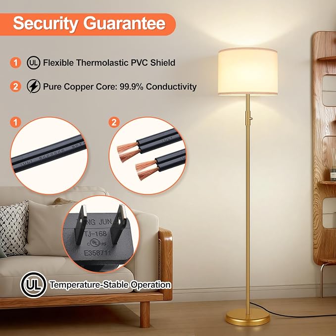 【Upgraded】 Dimmable Gold Floor Lamps for Living Room, 9W LED Bulb Included, Modern Standing Lamp with White Lamp Shade, Tall Pole Light for Bedroom Reading Office Corner Nursery-Gold