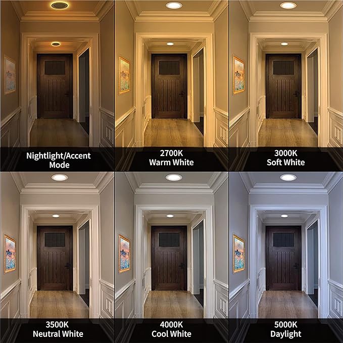 Meconard 6 Pack 6 Inch 5CCT LED Recessed Ceiling Light with Night Light, 2700K/3000K/3500K/4000K/5000K Selectable Ultra-Thin Lighting, 12W=110W, 1050LM, Dimmable Canless Wafer Downlight, Black Trim