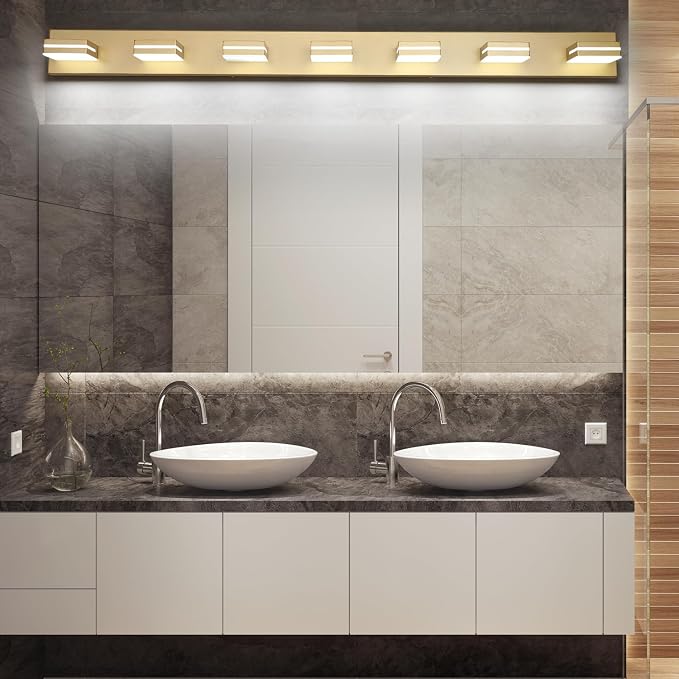 SineRise LED Modern Bathroom Vanity Light Fixtures, Modern Acrylic Bathroom Wall Lighting Fixtures Over Mirror, 7-Light, 55-Inch, Gold, 100%-0% White