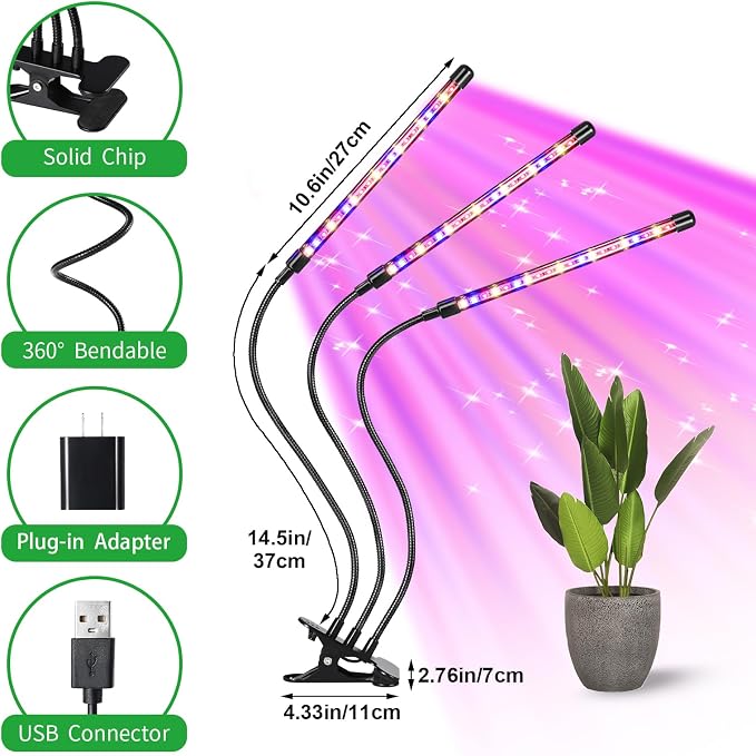 LED Plant Grow Light, Suitable for Indoor Plants, Full Spectrum Clip on Plant Growing Light with Red, Blue, Yellow Beads, 10 Brightness Levels, 3 Light Modes, 3/9/12H Auto Timer, 3 Head