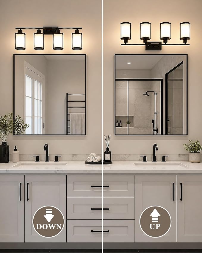 4-Light Black Bathroom Light Fixtures with Milk White Frosted Glass, 29" UL-Listed Modern Wall Sconce Over Mirror with Metal Cage for Bath, Hardwire E26, OS-3014BKW-4W