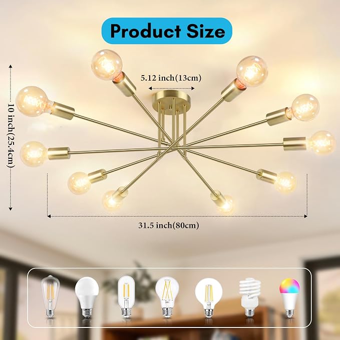 Flush Mount Ceiling Light Fixture, 10-Light Modern Gold Sputnik Chandelier | Industrial Ceiling Lamp for Kitchen Dining Room Living Room Bedroom Foyer