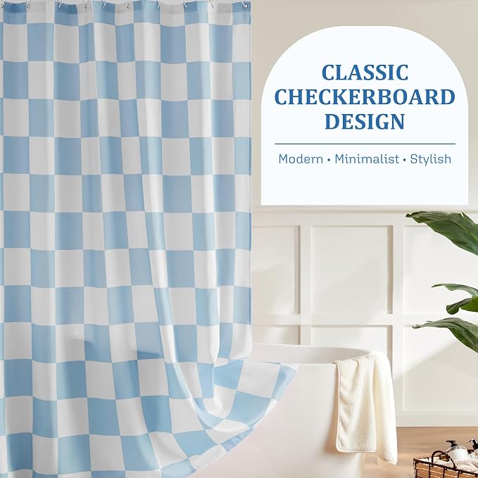 Ohocut Checkered Shower Curtain, Light Blue Shower Curtains for Bathroom, Cute Retro Checkboard Shower Curtain Vintage Aesthetic, Washable Fabric Bath Curtain 72''x72''