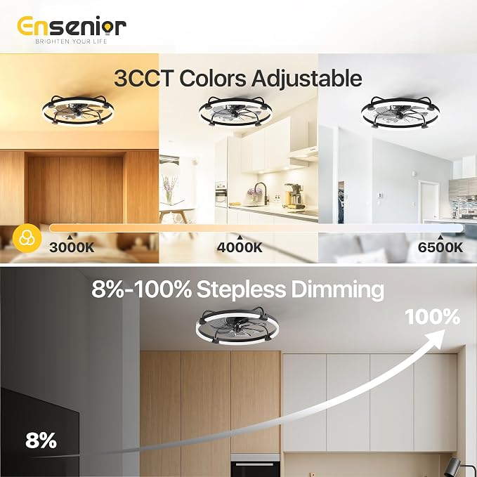 Ensenior 24 Inch Flush Mount Ceiling Fans with Lights, APP Control, Black | Quiet Reversible Motor, Night Light Mode, 6 Speeds, 3CCT, Dimmable, Low Profile, Remote, Memory Function, Timer, Bedroom