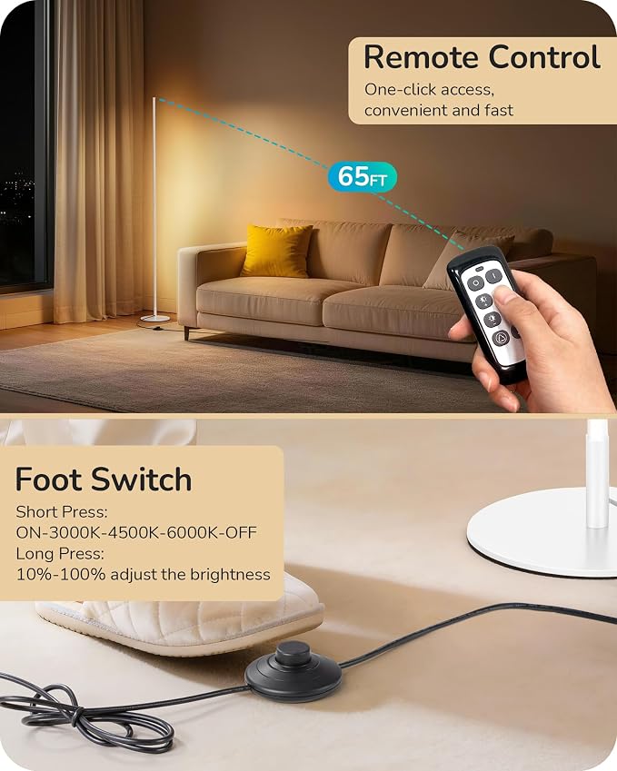 EDISHINE 59.8" Corner Lamp with Remote & 3 Height Settings, Dimmable & 3CCT | Adjustable Color Temperature, Foot Switch, Metal Base, Slim Floor Lamps for Living Room, Bedroom, Study, White