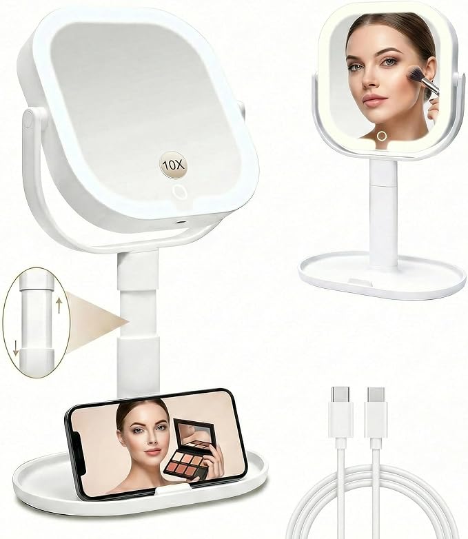 Makeup Mirror with Lights, 1X/10X Magnifying Mirror with Light, Rechargeable Lighted Makeup Mirror with Magnification, 3-Color Lighting, Height Adjustable 360° Rotation Desk Mirror, Gift for Women
