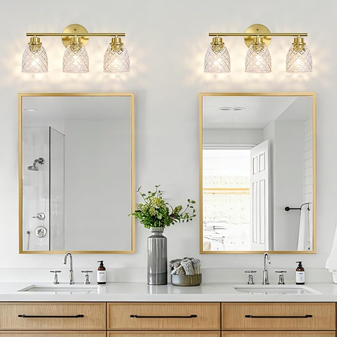 3-Light Bathroom Light Fixtures, Brushed Gold Vanity Lights Over Mirror | Modern Farmhouse Wall Sconces with Hammered Glass Lampshade for Kitchen Hallway Bedroom Living Room Cabinet Porch-18.1IN