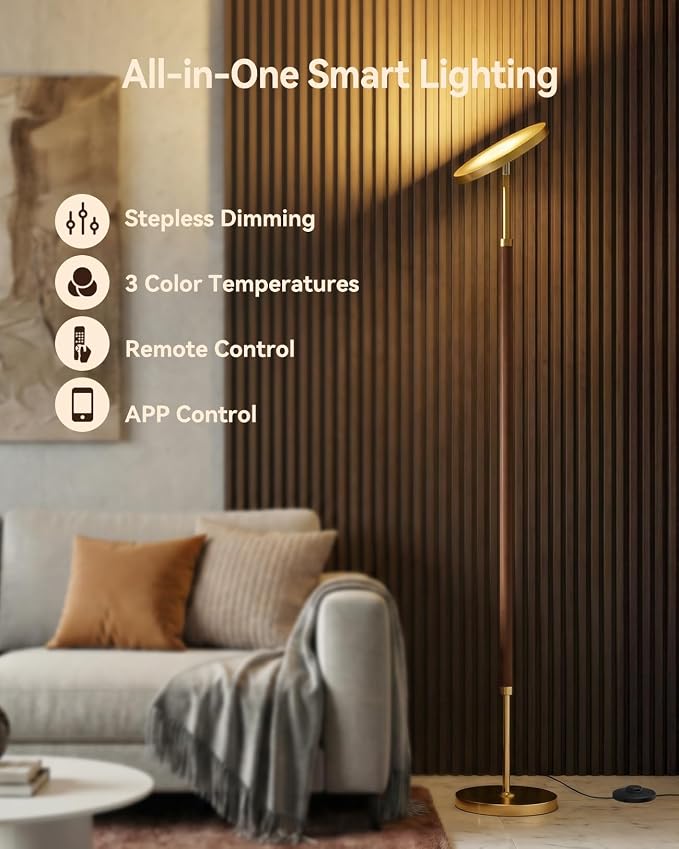 Wood LED Torchiere Floor Lamp with Remote, 3000LM Dimmable | 69" Tall Uplight, 3000K-6500K Color Temperature, 1-Hour Timer, Eye-Caring Lighting, For Living Room, Bedroom & Office