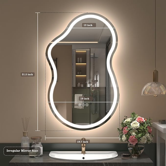 SMIROR 20x32 Irregular Led Lighted Bathroom Vanity Mirror | Asymmetrical, Cloud Shape, Front lighted + Backlit, Anti-Fog, 3 Colors, Dimmable, Memory, Tempered Glass, UL
