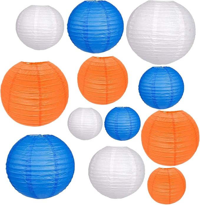 12Pcs Paper Lanterns 6”, 8”, 10”, 12”,Paperlanterns Party Decoration, Blue Orange White Paper Lanterns for Wedding, Bridal, Birthday, Outdoor, Home, Garden, Holiday and Party.