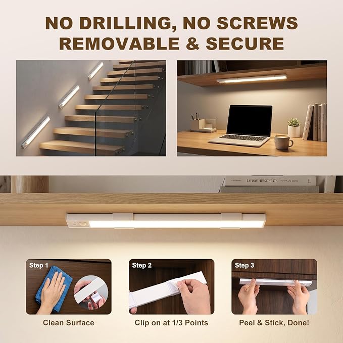 12 Inch Under Cabinet Light, USB Rechargeable Dimmable Motion Sensor LED | Clip-On Adhesive Wireless Mount, Tool-Free Install for Kitchen, Pantry, Wardrobe, Counter, Hallway, Stairs