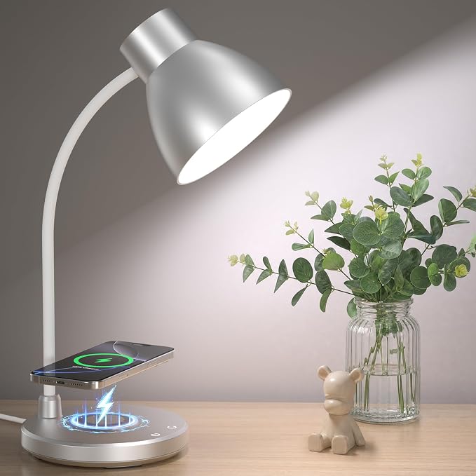 LED Desk Lamp for Home Office with Wireless Charger, Silver | 3 Color Modes Dimmable Eye-Caring Study Reading Dorm Desk Lamp, 360° Flexible Arm Table Lamp for College Dorm Room, 800 Lumen