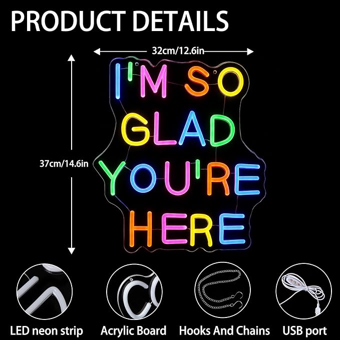 I’m So Glad You’re Here Neon Sign Dimmable Letter Positive Affirmation Neon Light USB Powered Colorful Welcome Light Up Sign for Classroom Wedding Party Store Home Wall Art Decor