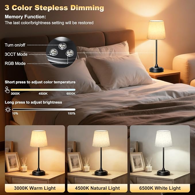 Wowag Cordless Table Lamp Rechargeable,5000mAh Battery Operated Desk Lamp,3 Colors & 7 RGB Stepless Dimmable,Touch Ambient Light for Bedside,Bedroom,Dining Room,Living Room,Black,FlaxenShade
