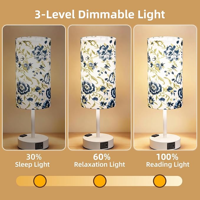 Table Lamp for Nightstand, High-Sensitivity Touch, 3-Level Dimmable Bedside Lamp with AC Outlet | USB | and USB-C, Ideal Night Stand Lamp for Bedroom (1, Printed&White)