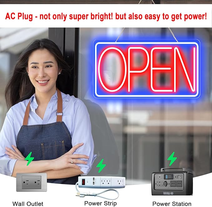 22" X 11" Led Neon Open Signs for Business 12V/2A Ultra Bright Led Neon Open Signs Plug In Electric Light Up Open Sign with ON/OFF Switch for Bar Salon Coffee Stores Club Hotel (Horizontal)