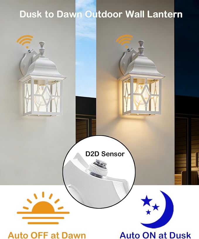 Outdoor Wall Light Fixture, Rustproof Aluminum, Glass | Dusk to Dawn Large Exterior Porch Light Wall Sconce Lantern for House, Patio, Garage, Waterproof, E26 Socket 60W Max, White