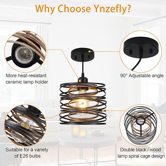Pendant Lights Kitchen Island - Metal Hanging Light Fixtures Wood Farmhouse Pendant Lighting for Dining Room Bedroom Bar Office, Industrial Black, 2 Pack - ETL Certified