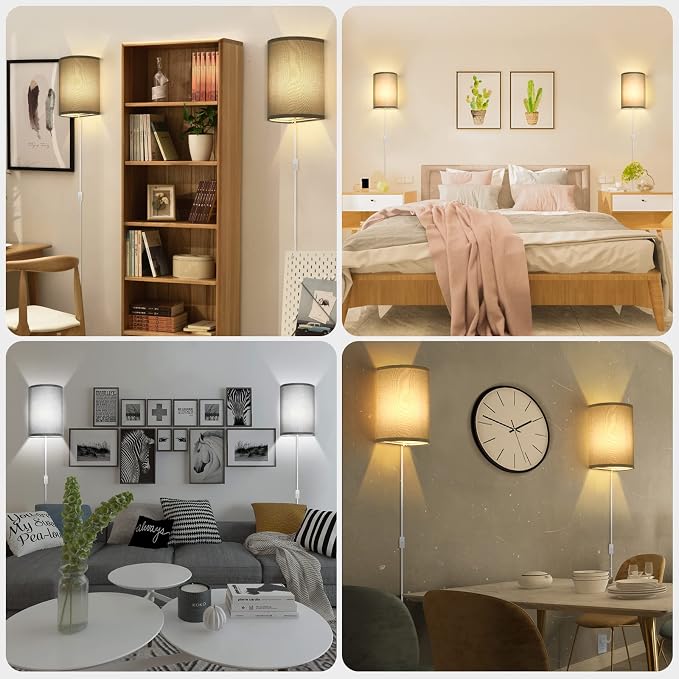Wall Sconces Set of Two, Fabric Shades Plug in Wall Sconces | 3 Color Temperature Switching Wall Light Fixtures, Wall Lamp with Plug in Cord, On/Off Switch Wall Lights for Bedroom (Grey)