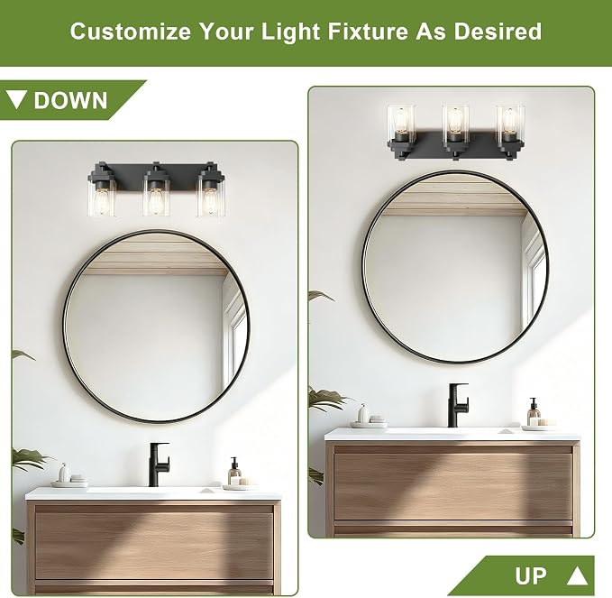 Black Bathroom Light Fixtures, 3 Lights Bathroom Lighting Fixtures Over Mirror, Square Design & Rectangle Large Backplate, Modern Vanity Lighting Fixtures, for Bathroom/Living Room/Bedroom