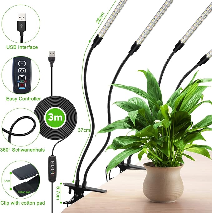 Plant Lights for Indoor Growing, 4 Heads Clip Grow Lamps | Clip Grow Light with 10 Feet Cables, 3/9/12H Auto on/off timer,For Seeding Blooming and Fruiting, 2 Pack