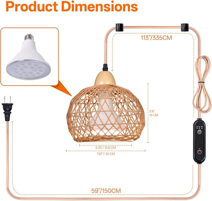 Hanging Grow Light for Indoor Plants 18W | Full Spectrum Plant Light, With 4H/9H/14H Timer, Boho Rattan Shade, 3800K Hanging Lights for Indoor Plants