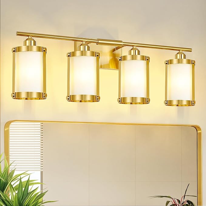 4-Light Brushed Gold Bathroom Light Fixtures with Milk White Frosted Glass, 29" UL-Listed Modern Wall Sconce Over Mirror with Metal Cage for Bath, Hardwire E26, OS-3014BGW-4W