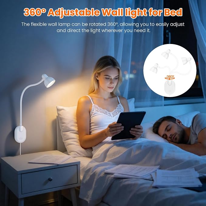 Wall Mounted Reading Light, LED Wall Bedside Lamp with Adapter White | 5 Color 10 Brightness,Plug-in Adhesive Wall Reading Lights for Books in Bed, Auto-Off Timer Wall Lights for Bedroom Headboard