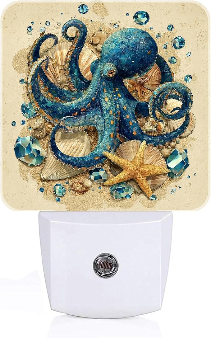 Blue Octopus Night Light,Shell Starfish Plug-in Night Lights with Dusk to Dawn Sensor for Stairway,Hallway,Bedroom Sleep Friendly Ideal for Women/Girls/Boys Gift,0.5w