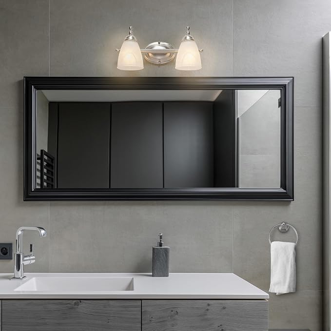 Globe Electric 63000104 3-Piece Bath Accessories, Satin Nickel Finish, 15" 2-Light Vanity Light, Alabaster Glass Shades, Toilet Paper Holder, Towel Ring, Bathroom Décor, Home Essentials