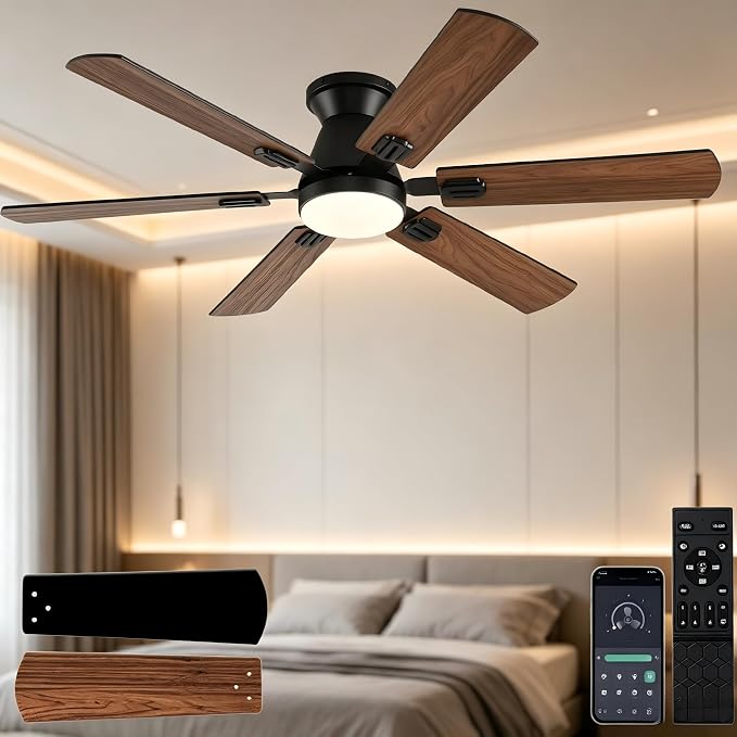 KNUN 56 inch Ceiling Fans with Lights,Brown Flush Mount Ceiling fan with Light and Remote/APP Control, 3CCT, Dimmable, Noiseless, Low Profile Ceiling Fan for Bedroom, Patio, Indoor/Outdoor Use