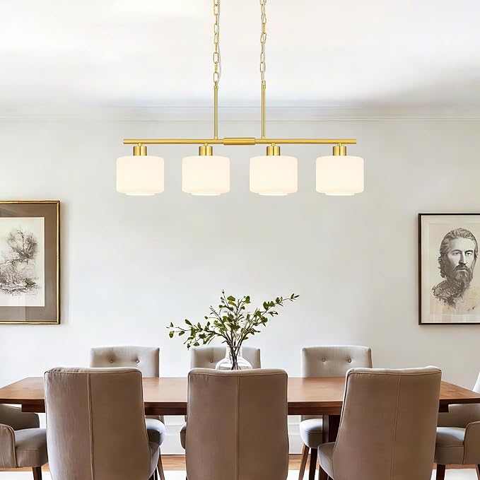 4-Light Brushed Gold Kitchen Island Lighting, Modern Linear Dining Room Chandelier Light Fixtures with Milk Glass and Chain, Mid Century Hanging Lights for Kitchen Island, OS-YQ8153-4ISBGW