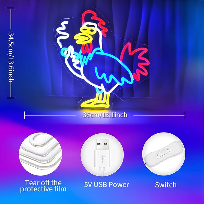 JEDAEMEN Rooster Neon Signs for Wall Decor LED Sign Neon Lights Room Decor | Rooster Led Light Sign Preppy Game Room Decor Light Up Sign for Birthday Party Decoration USB Powered