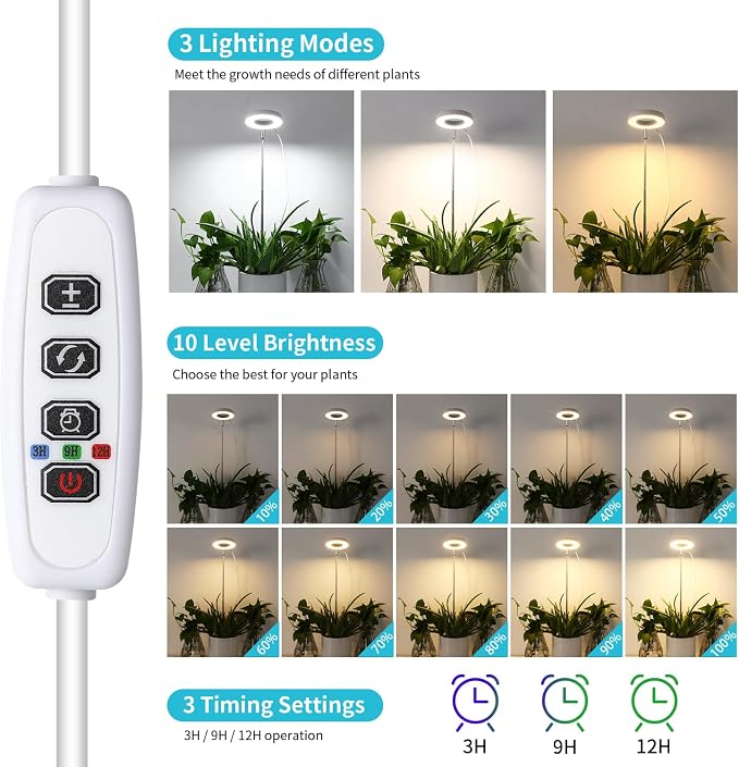 Halo Ring Grow Lights for Small Indoor Plants, Warm+White 48LEDs Full Spectrum Plant Light, Height Adjustable with 5V 2A Adapter, 3/9/12H Timer, 3 Spectral Modes, 10 Dimmable Levels, Angel Ring 1 Pack