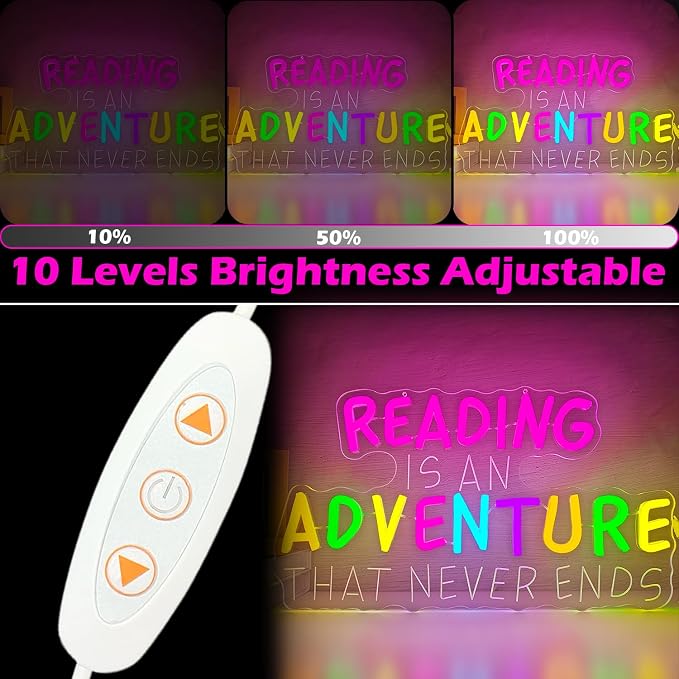 Colorful Reading Classroom Neon Sign Reading Is An Adventure That Never Ends Neon Light for Wall Decor School Classroom LED Sign for Kids' Room Read Corner Study Room Neon Wall Art for Teacher