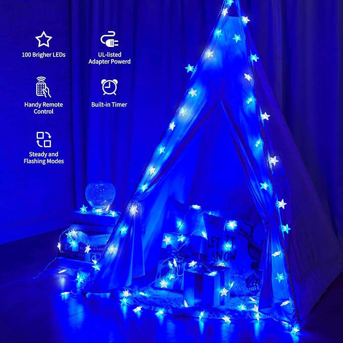 Minetom 33ft Blue and White Star String Lights Plug in | 100 LED, Remote and Timer, 8 Modes, Waterproof for Tent Loft Bed Backyard Patio Balcony Staircase Classroom Decor