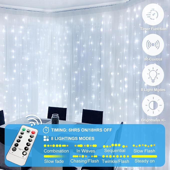 2 Pack 300 LED Fairy Curtain Lights, 9.8 x 9.8FT White USB Plug in 8 Modes String Hanging Lights with Remote for Christmas, Bedroom, Indoor, Outdoor, Weddings, Party (Cold White)