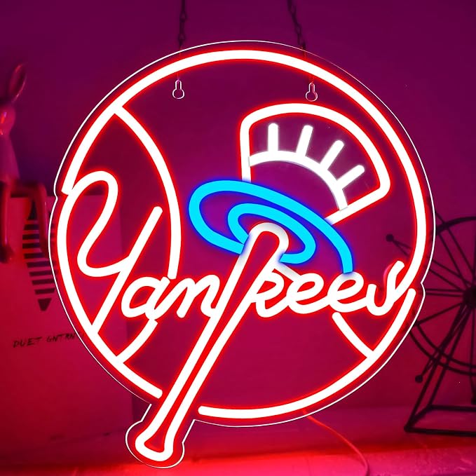 AHlove YANKEES Neon Signs for Wall Decor，Baseball Team Neon Lights for Bedroom，LED Signs Suitable for Man Cave，5V Power Adapter，Birthday、Christmas Gifts for Boys 13 * 15Inch(red+blue+white)