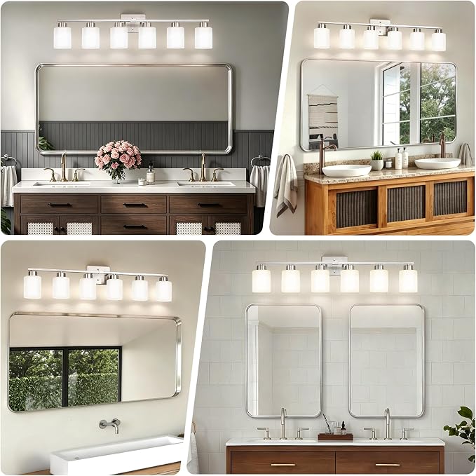 FonmYim Brushed Nickel Bathroom Light Fixtures Vanity Lights Over Mirror | Modern 6-Light lighting fixtures for bathroom with Milky White Frosted Glass Shades, E26 Socket (Bulbs Not Included)